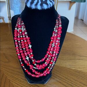 Premier Designs Red Multi-Strand Beaded Necklace with Silver Accents